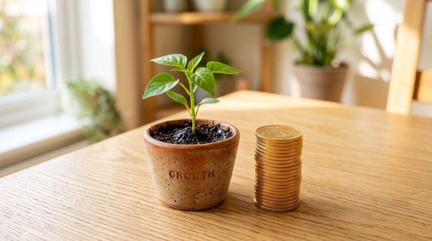 Liten grön växtplanta i kruka bredvid ett torn av guldmynt på ett träbord