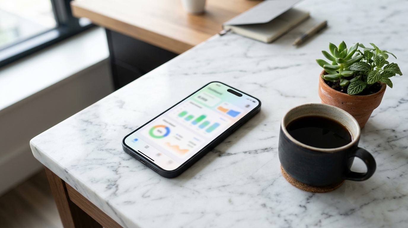 Smartphone på marmorbord som visar en ren modern finansapp och kaffekopp